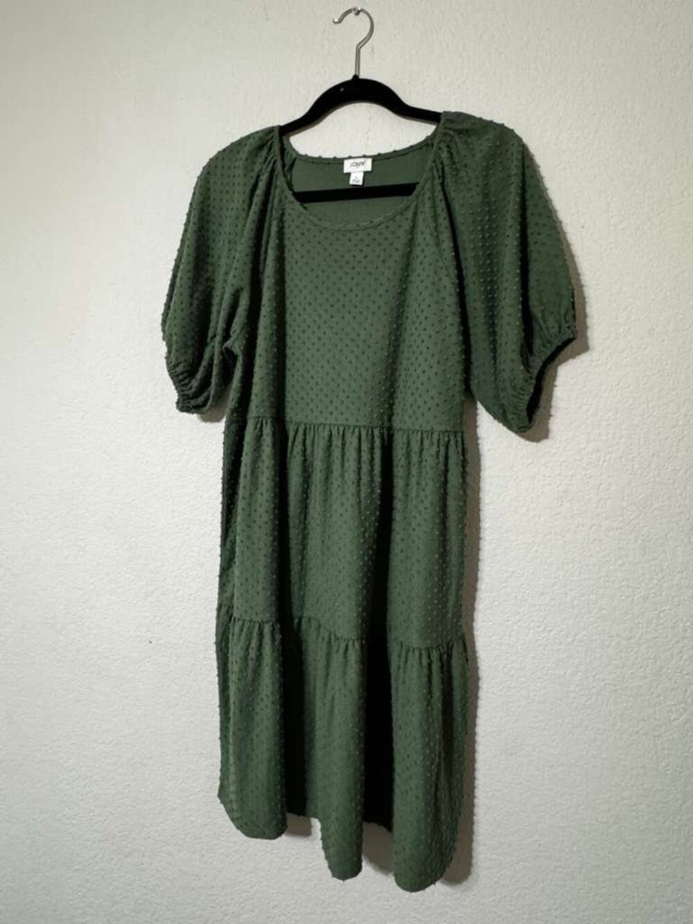 NEW J Crew Factory Clip Dot Dress Green Tiered Short Puff Sleeves size large